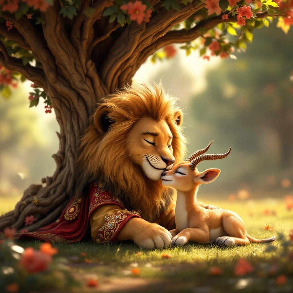 Baroque Lion Cub Kisses Gazelle in Versailles Gardens