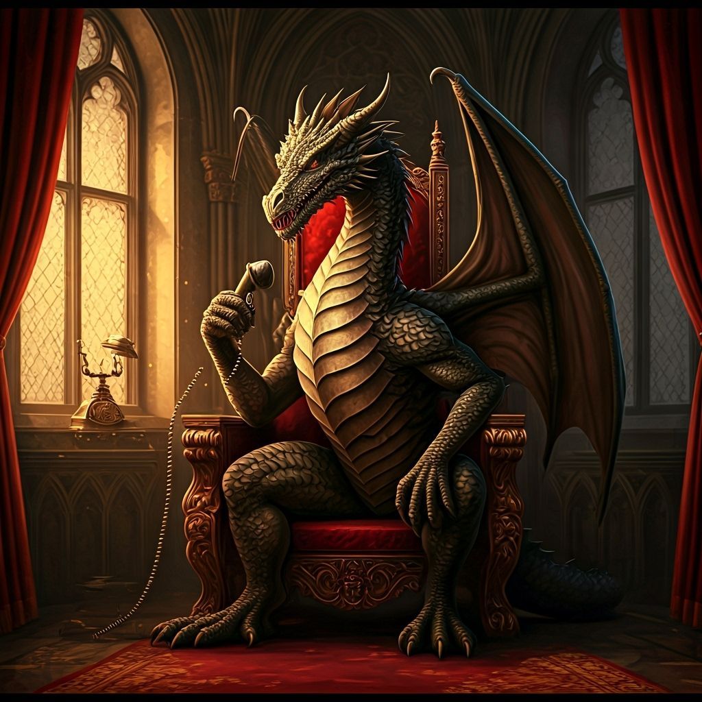 Dragon on Throne in Gothic Hall, Oil Painting