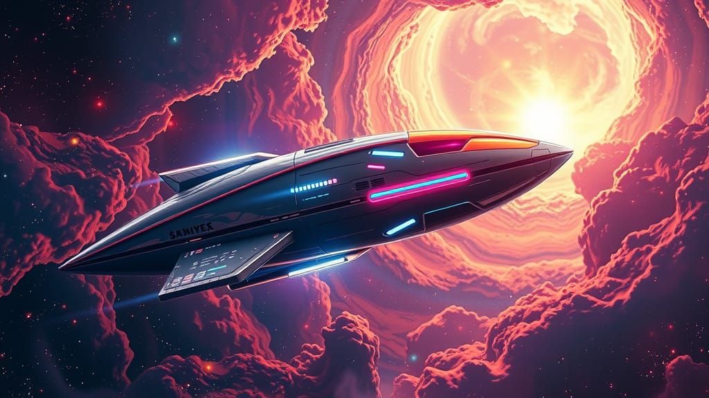 Sleek Alien Spacecraft Emerges from Cosmic Nebula