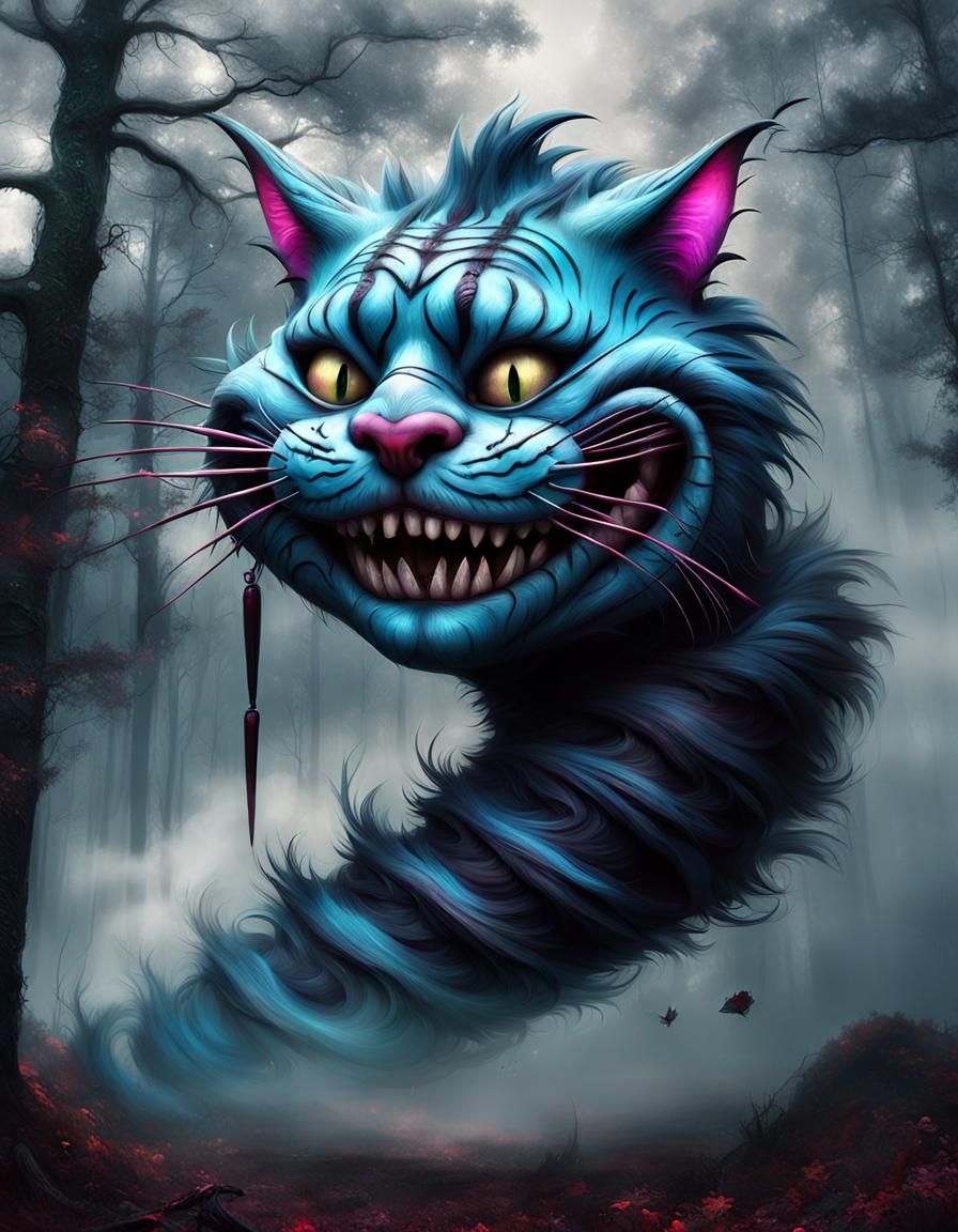 Cheshire Cat with Mohawk in Forest: Digital Illustration
