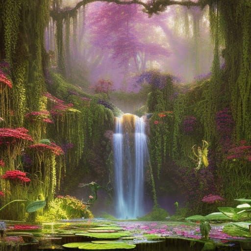Floral Swamp Waterfall in Hyperdetailed Digital Art