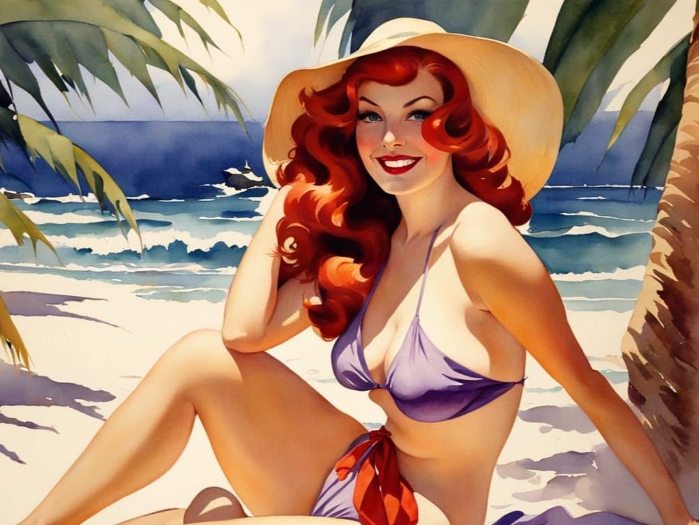 Watercolor Pin-Up of Woman on Tropical Beach