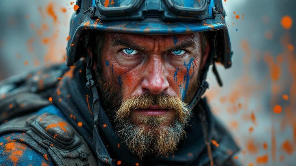 Hyper-Realistic Warrior Portrait in Urban Warzone