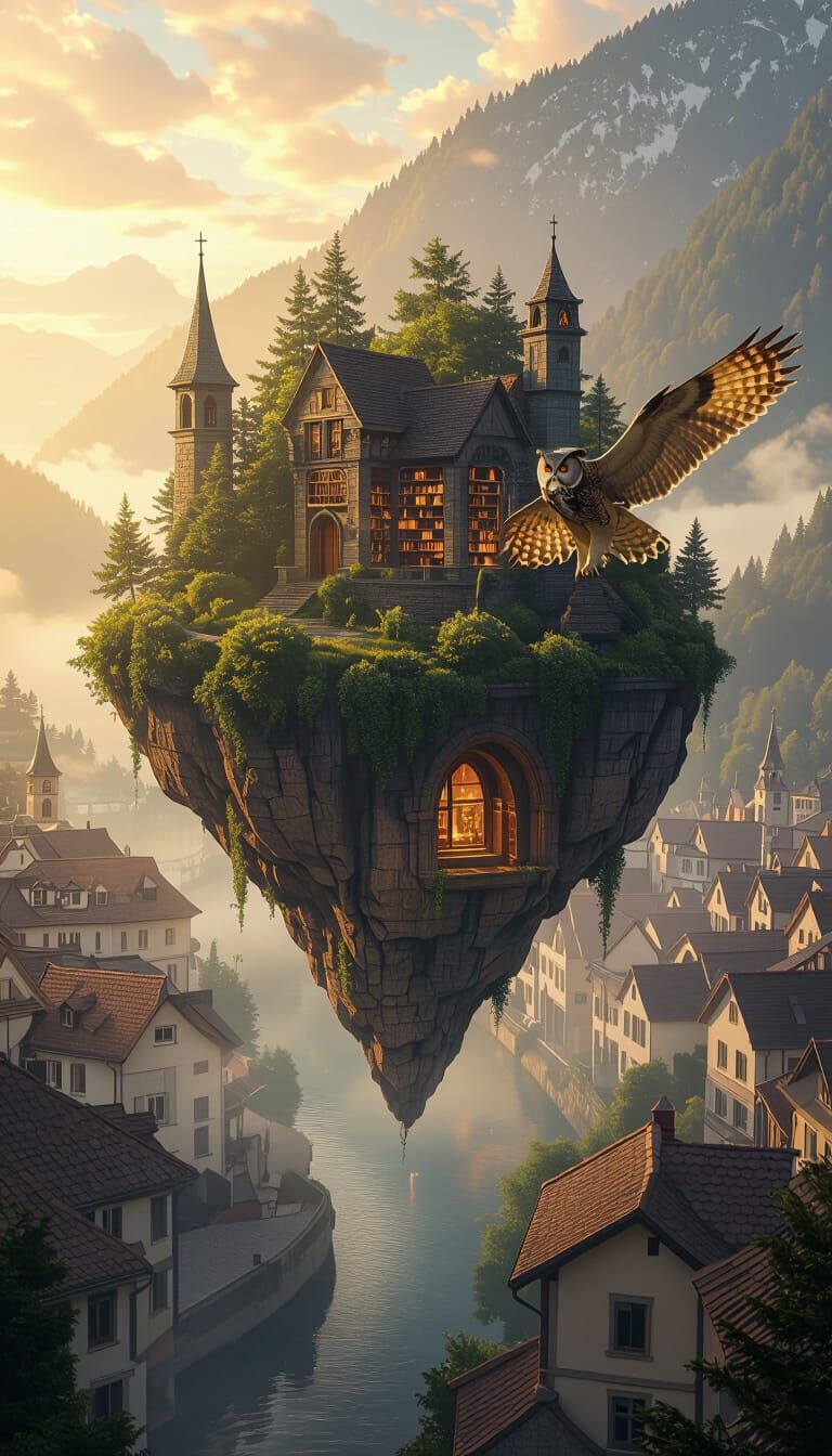 Hyperrealistic floating island suspended in mid-air over a small European town, surrounded by soft golden-hour light and...