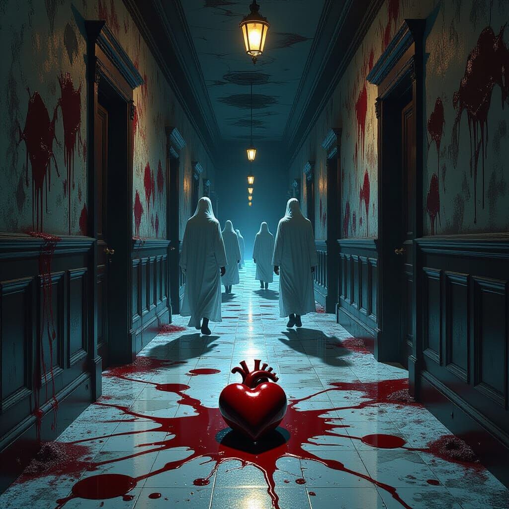 Desolate Corridor with Ethereal Figures in Dark Fantasy Styl...