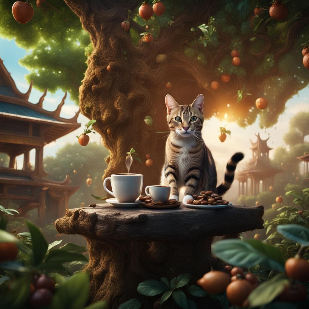 Thai Tabby Cat and Coffee in Tree Garden
