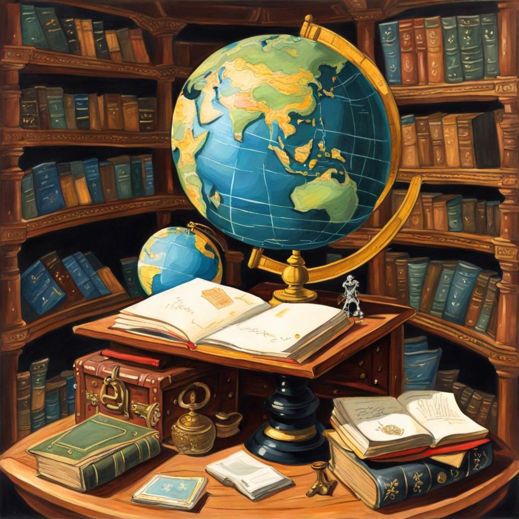 Pirate Library with Globe as Gouache Painting