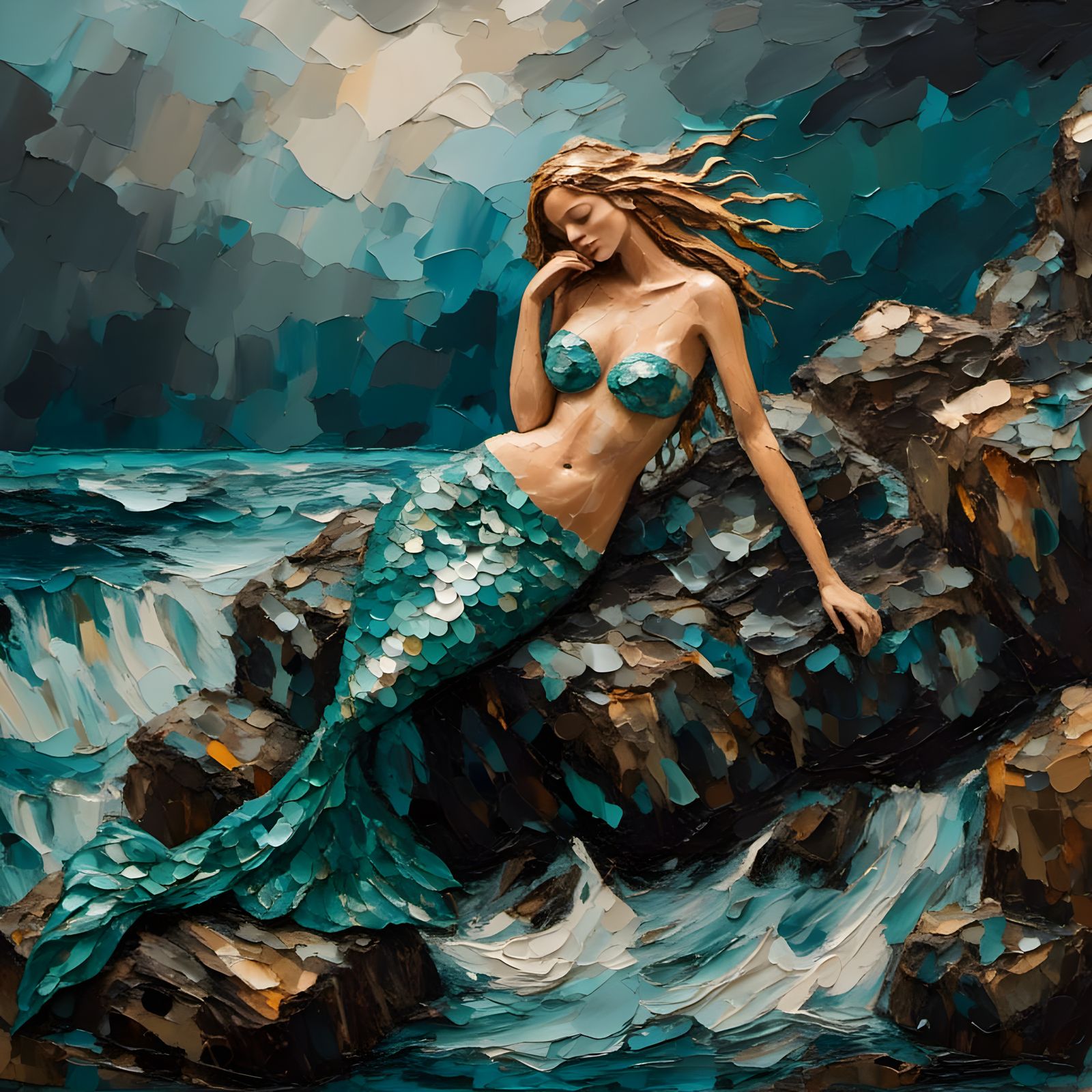 Mermaid in Stormy Sea: Impasto Style Digital Art