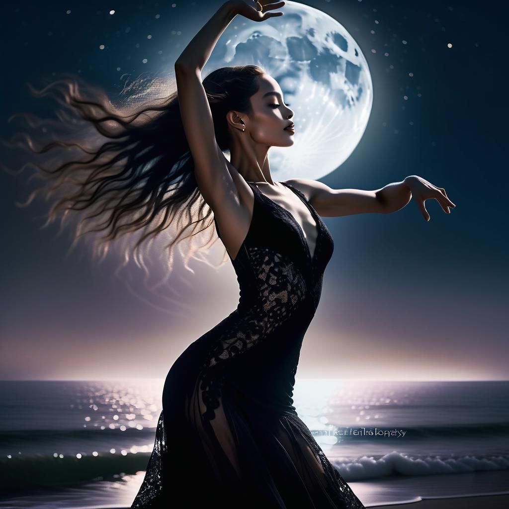 Moonlit Beach Dance: Dramatic Black and White Portrait