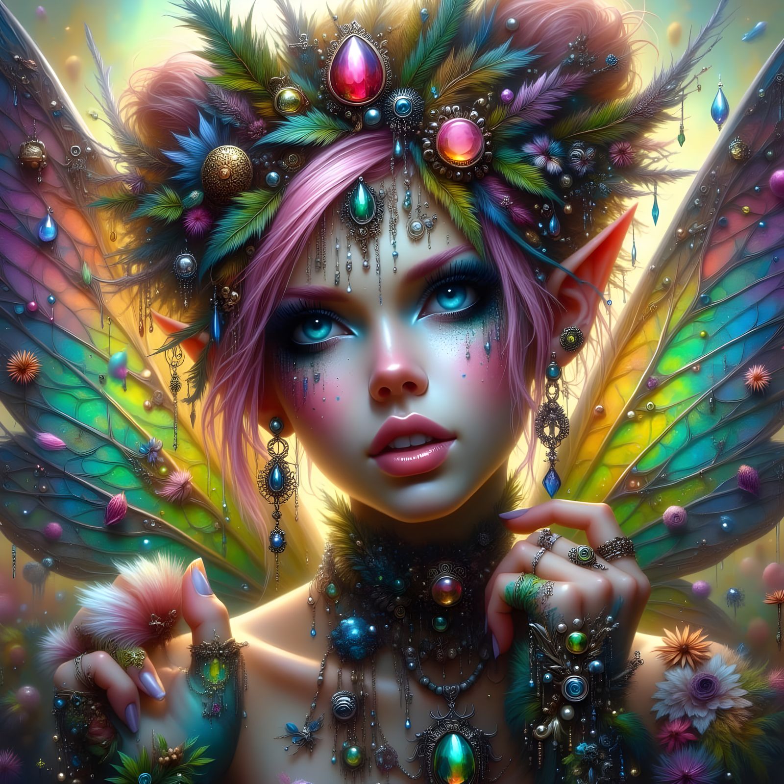 Beautiful Fairy Woman Adorned with Colorful Jewels and Big E...