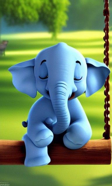 Cute Blue Elephant on Swing, Pixar Style