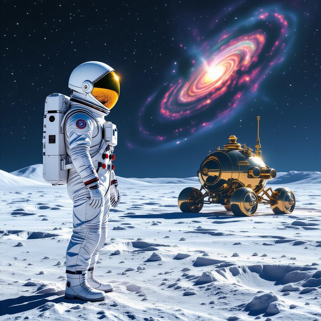 Astronaut on Moonscape with Time Machine, Retro Sci-Fi Style