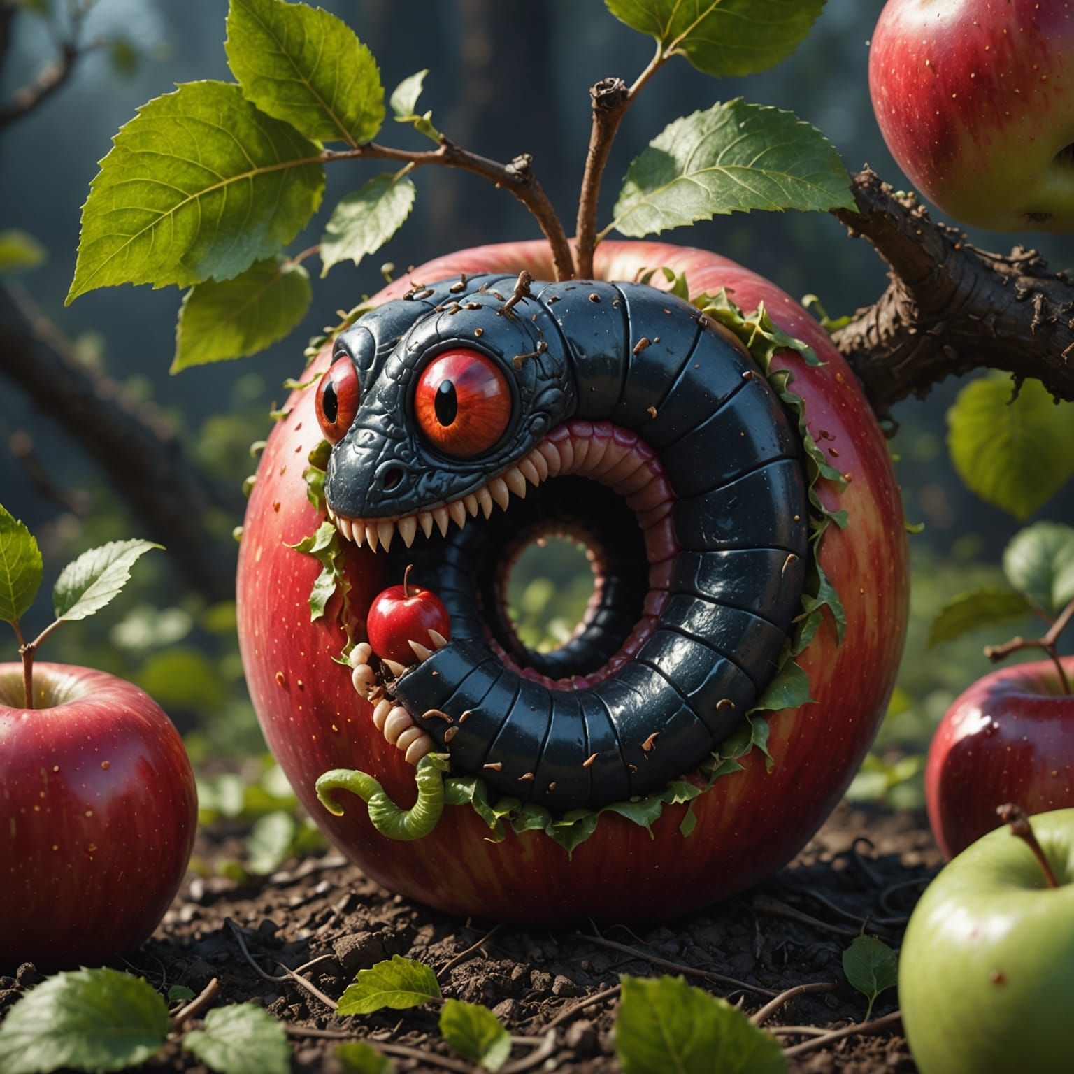 Worm crawling out of a apple