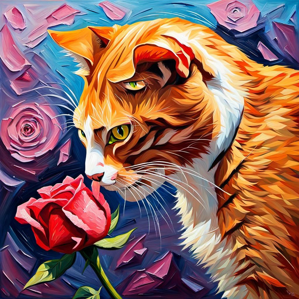 Ginger Cat Smelling Rose as Impasto Oil Painting