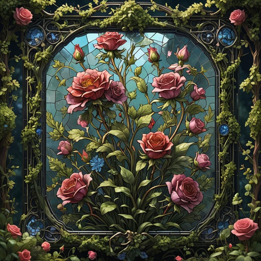 Stained Glass Moss Rose Bouquet: Detailed Matte Painting