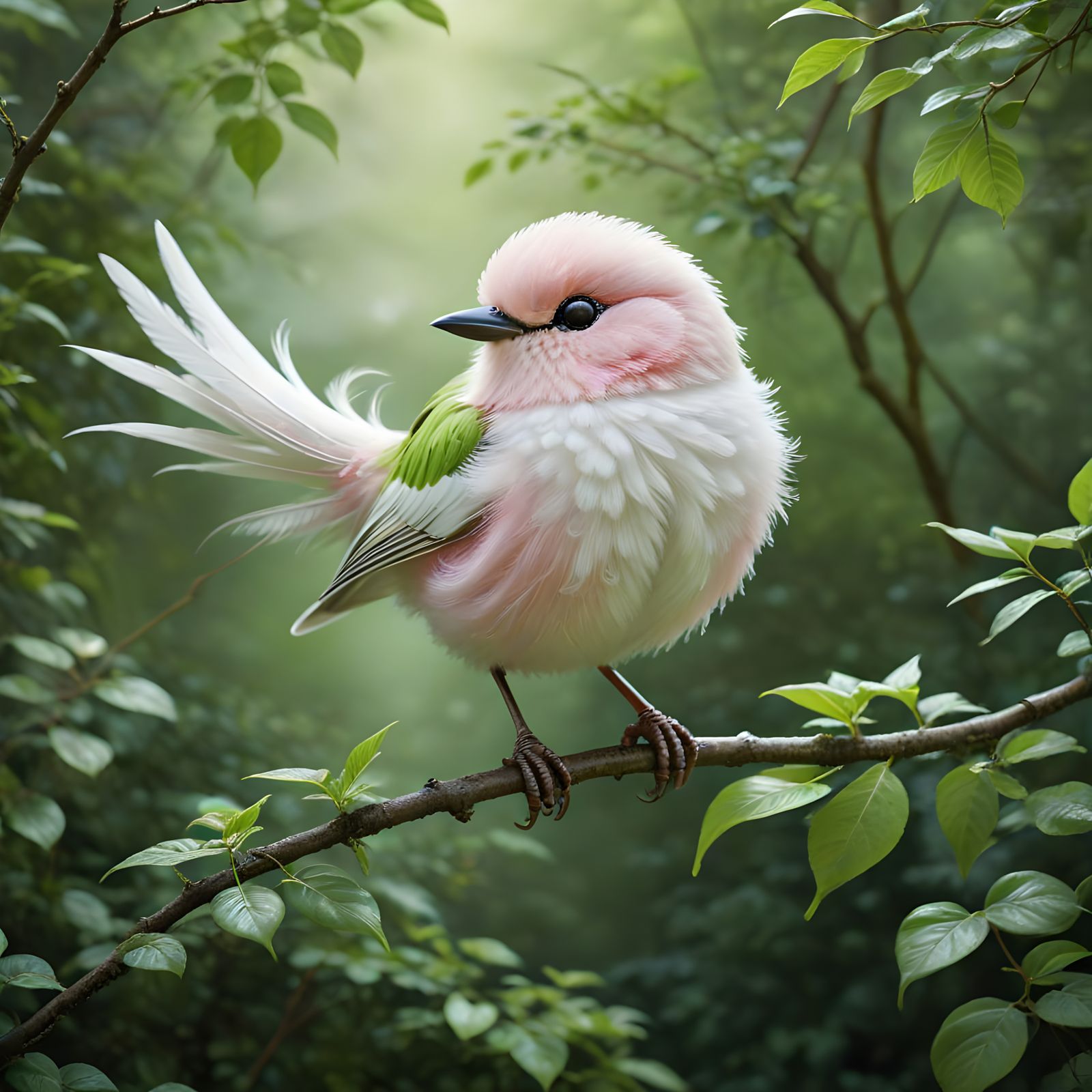Whimsical Blush Pink Bird Perched on a Lush Green Branch