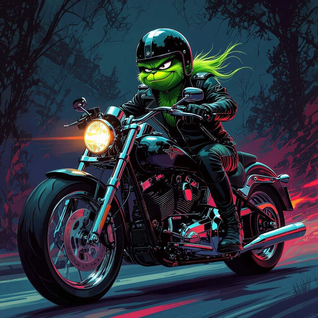 Grinch Biker in Gothic Futuristic Style
