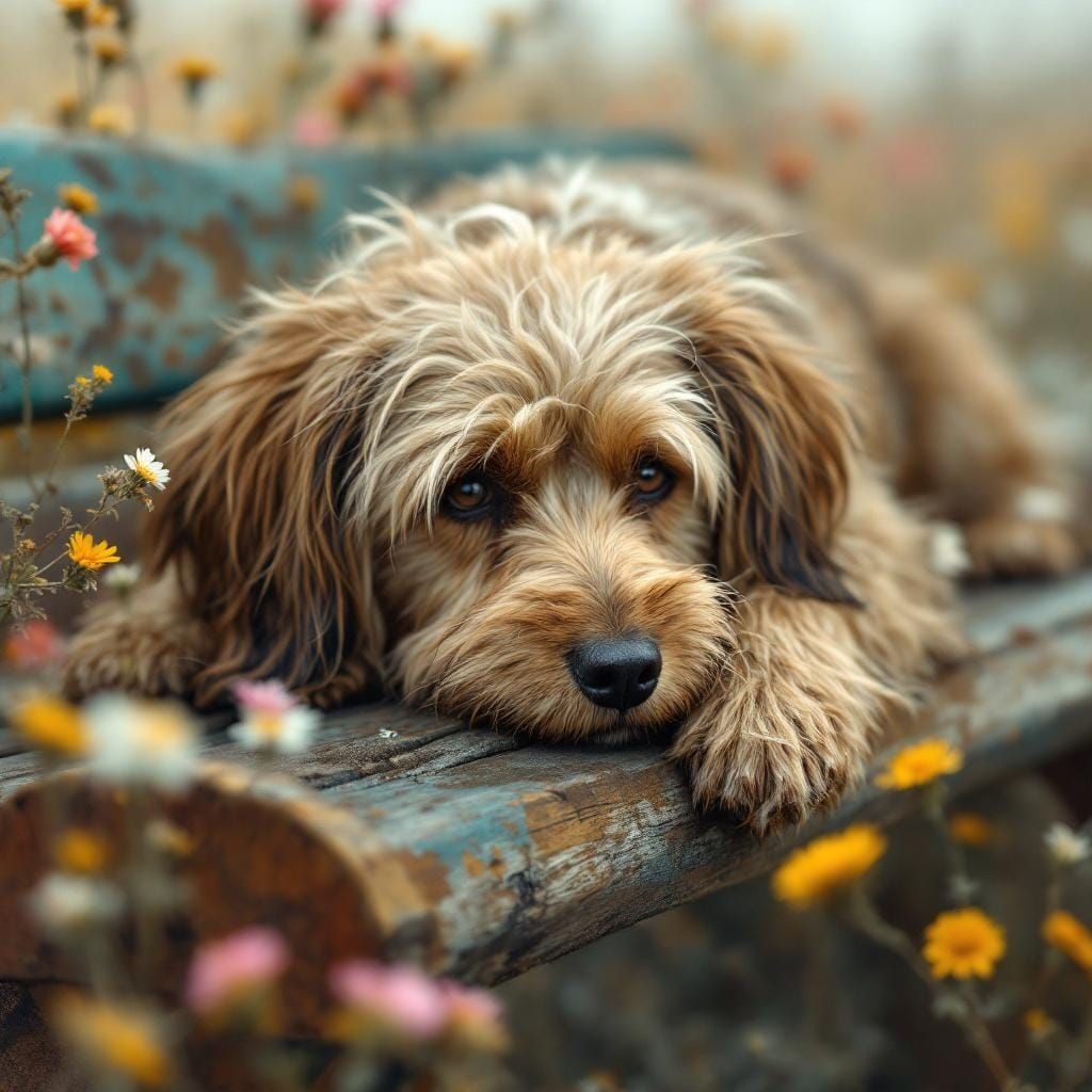 Dog and Girl in Impressionist Flower Meadow