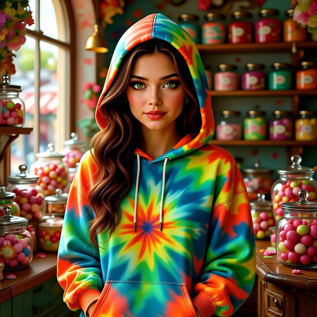 Woman in Tie-Dye Hoodie in Comic Book Art Style