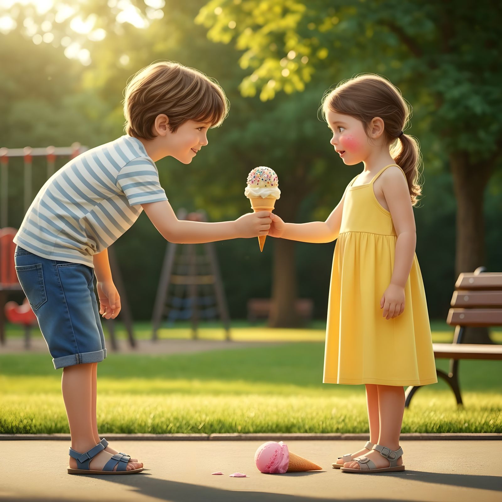 Boy Offers Ice Cream to Disappointed Girl in Sunlit Park