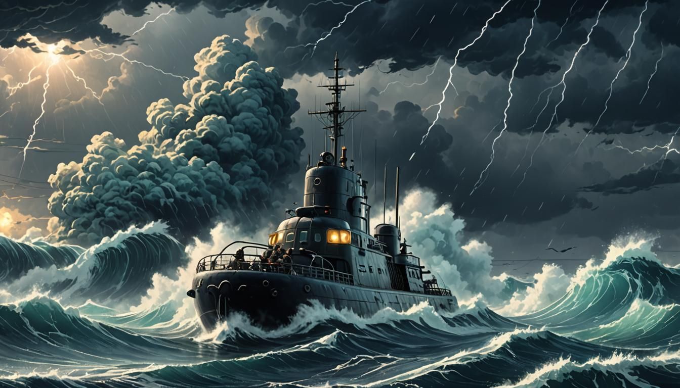 Submarine in Raging Storm: Anime Style