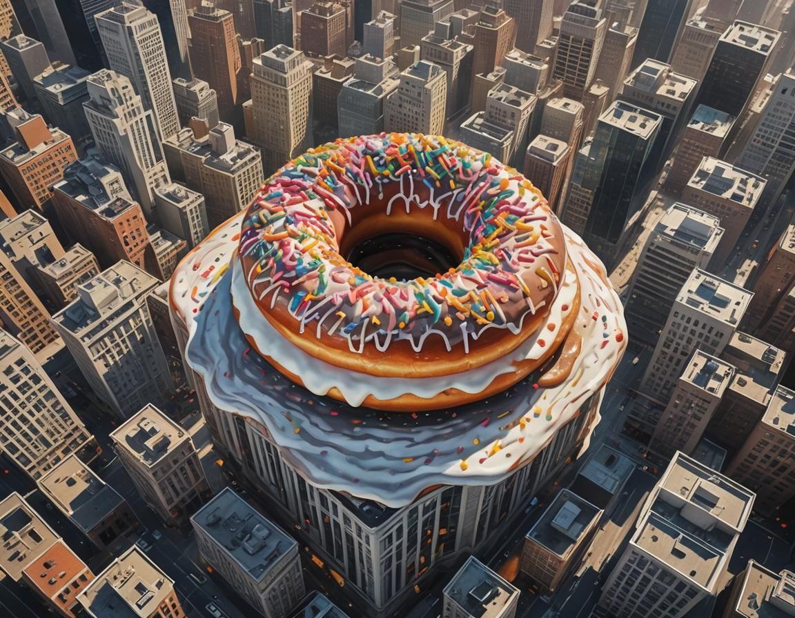 Gigantic Donut Topping Skyscraper in Surreal Style