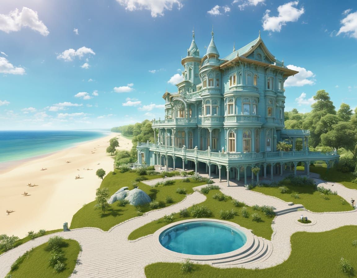Ethereal Lightblue Mansion by the Sea in Whimsical Style