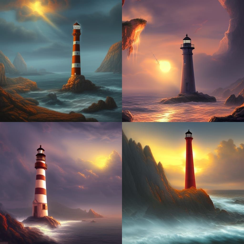 Lighthouse Sunrise with Religious Cross, Detailed Painting