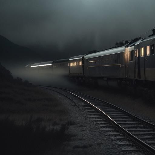 Train Speeds Through Misty Valley in Film Noir Style