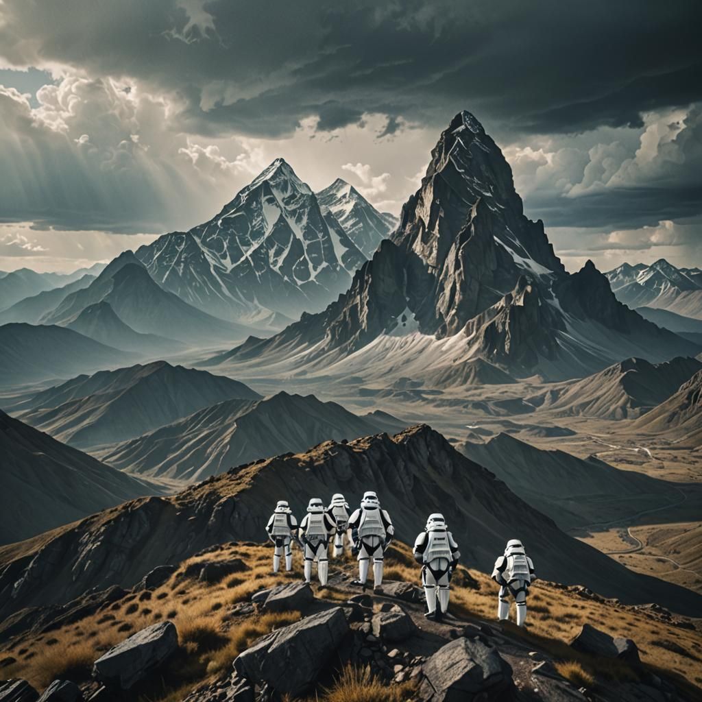 Stormtroopers on Mountain Peaks: Cinematic Film Still