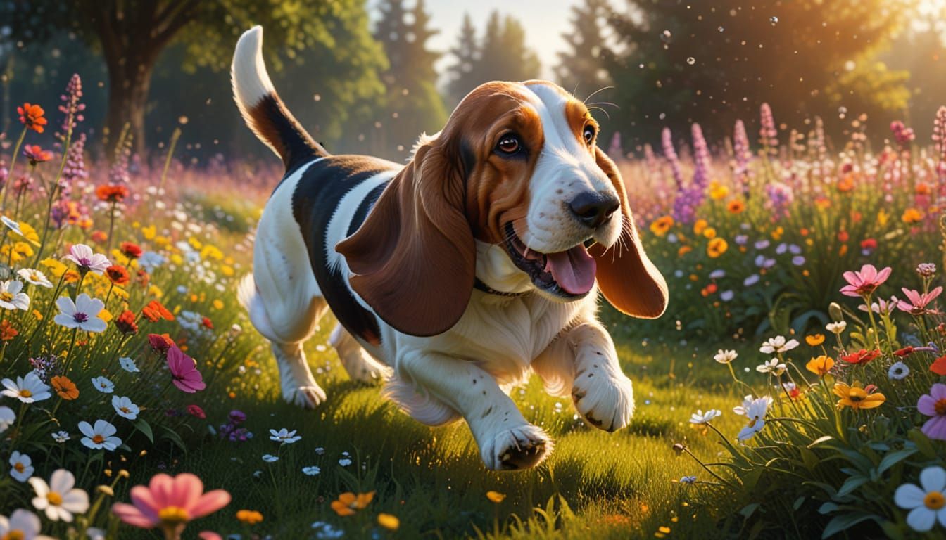 Basset Hound Running Through Flower Meadow in Golden Hour