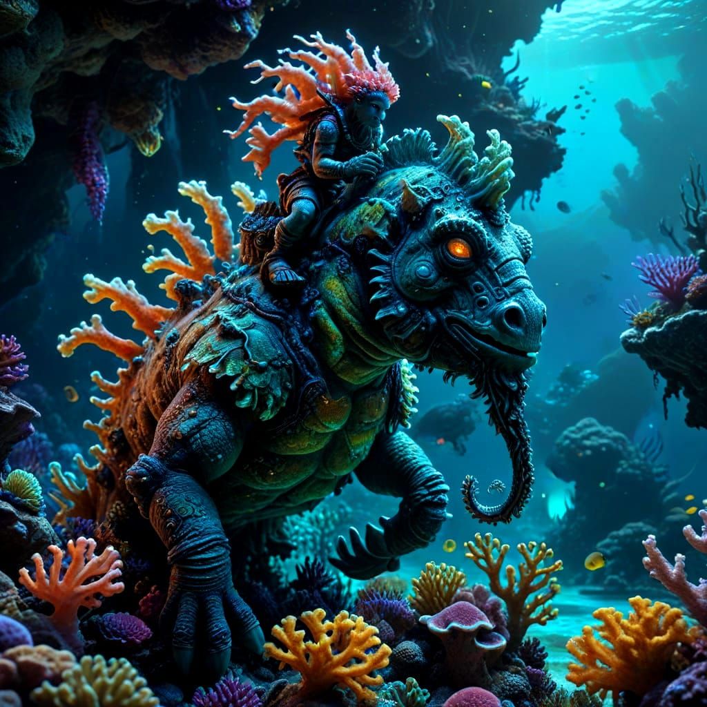 Coral Reef Troll Rides Vibrant Seahorse