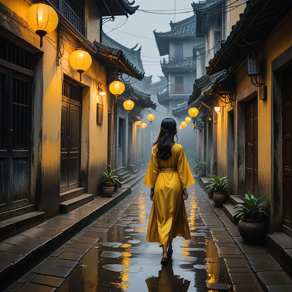 Mysterious Woman in Yellow Ao Dai, Hoi An Alleyway at Dusk