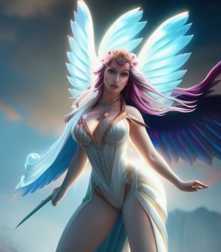Voluptuous Winged Woman with Flowery Crown: Digital Art