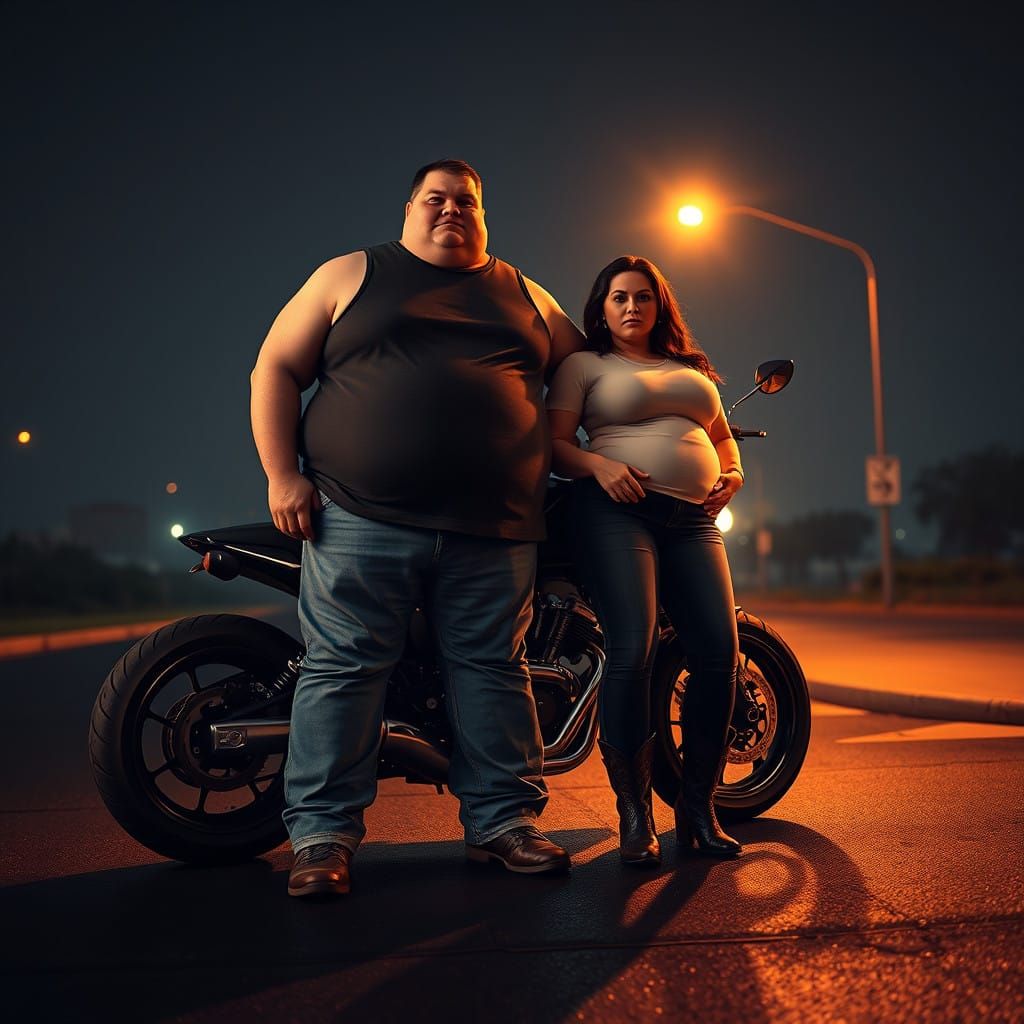 Morbidly Obese Couple Stand Beside Futuristic Motorcycle in...