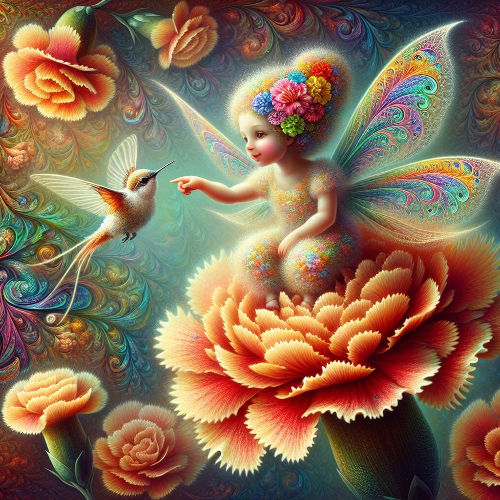 Carnation Fairy with Hummingbird in Magical Setting