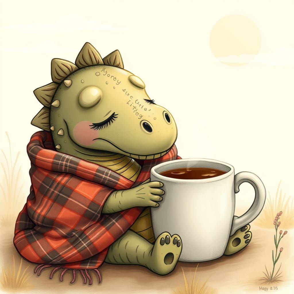 Sleepy Dinosaur with Coffee in Pastel Morning Scene