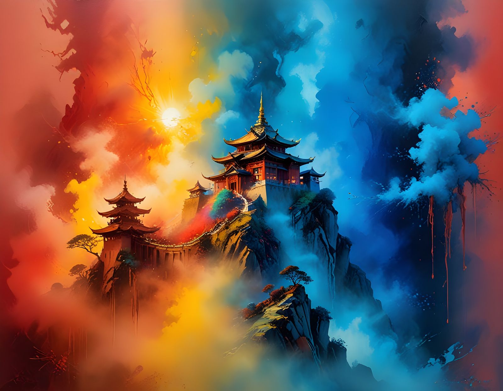 Ethereal Tibetan Temple Amidst Vibrant Fog