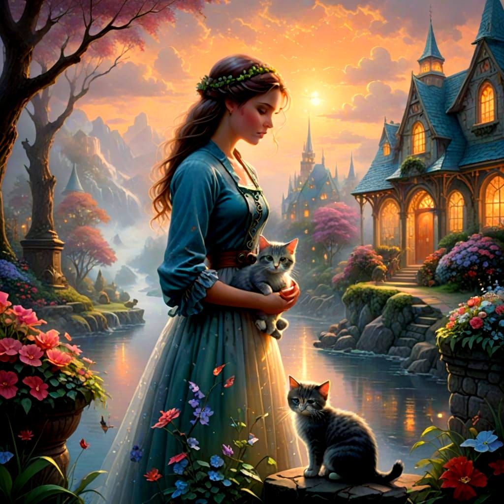 Girl and Kitten in Ethereal Fantasy Landscape