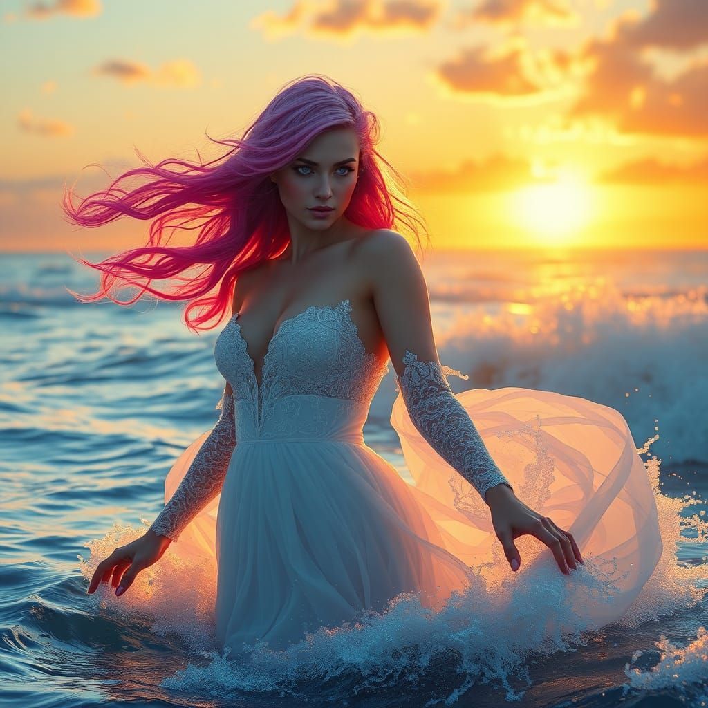 Pink-Haired Woman Emerges from Ocean, Art Nouveau Style