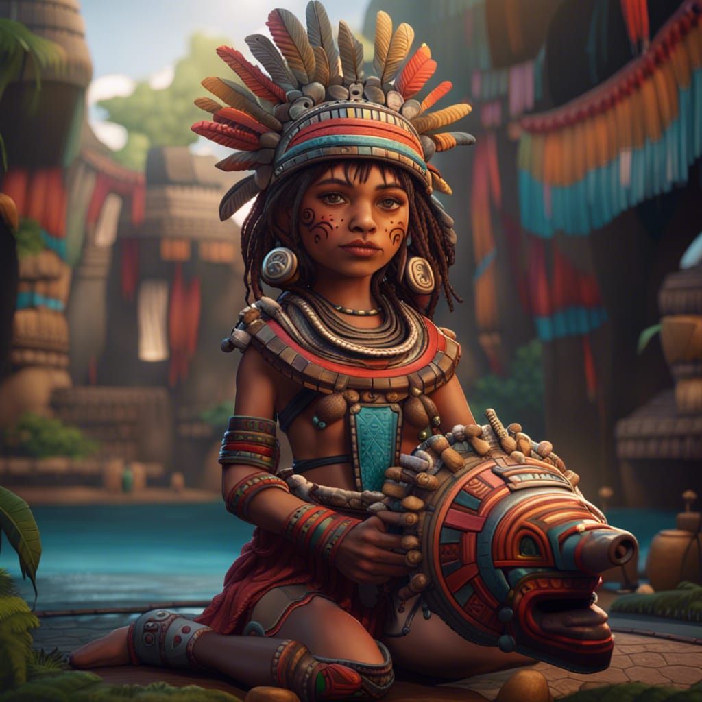 Aztec Girl with Toy: Detailed Fantasy Art