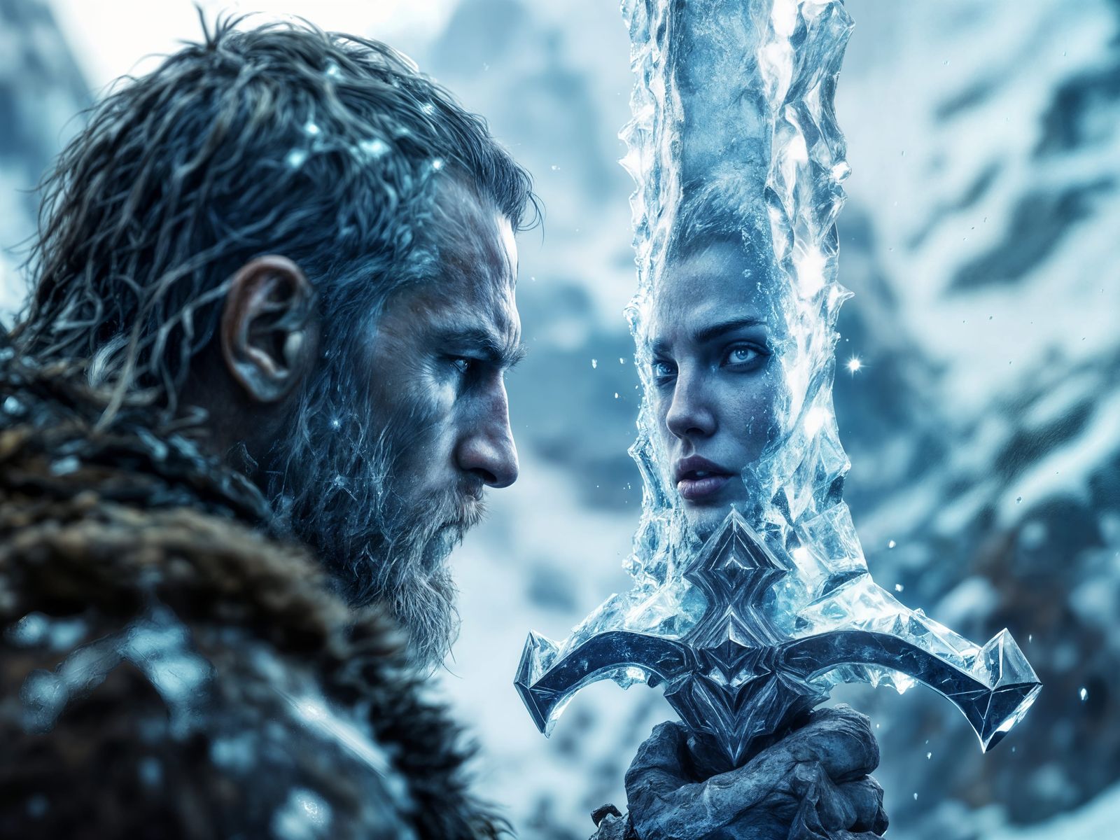 Warrior's Frosty Reflection in Ancient Mountain Landscape