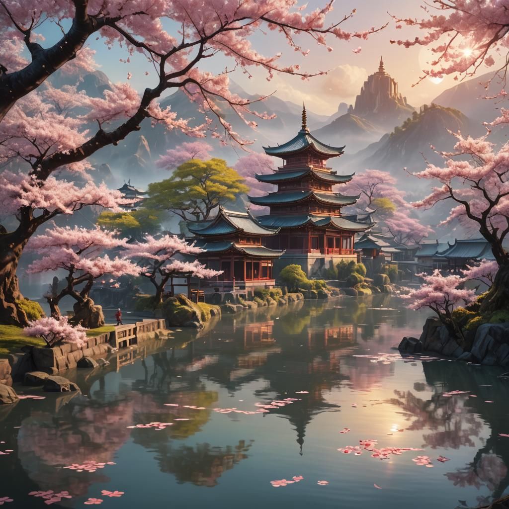 Cherry Blossom on Serene River: Fantasy Art