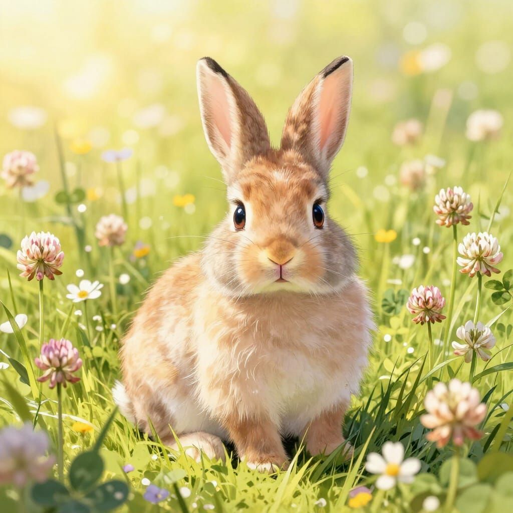 Fluffy Bunny in Sun-Drenched Wildflower Meadow
