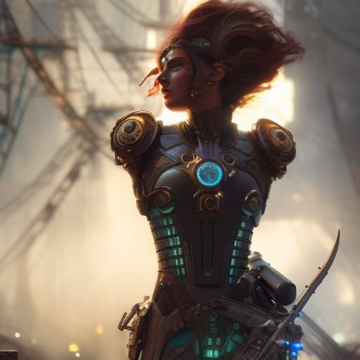 Cyberpunk Clockwork War Machine in Decaying Cityscape