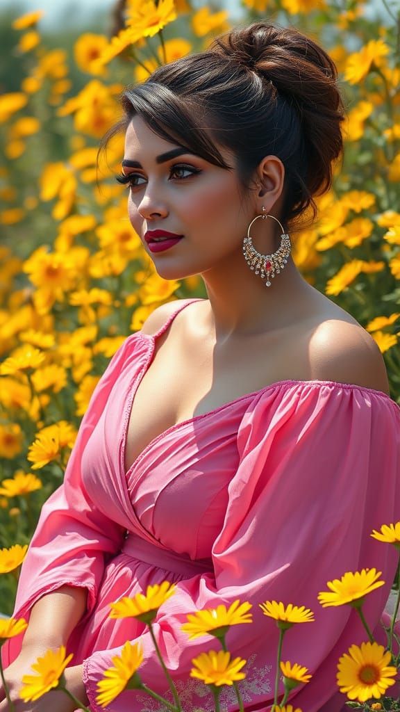 Woman in Pink Dress: Polychromatic Oil Painting