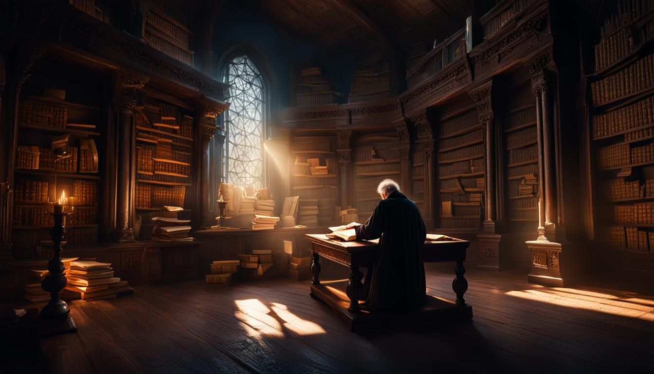 Magician Reads Scroll in Dark Fantasy Library