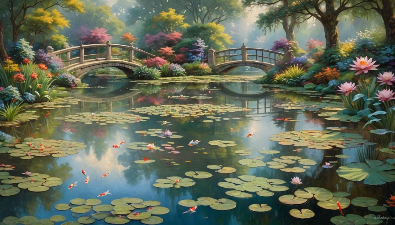 Impressionist Garden Pond with Water Lilies