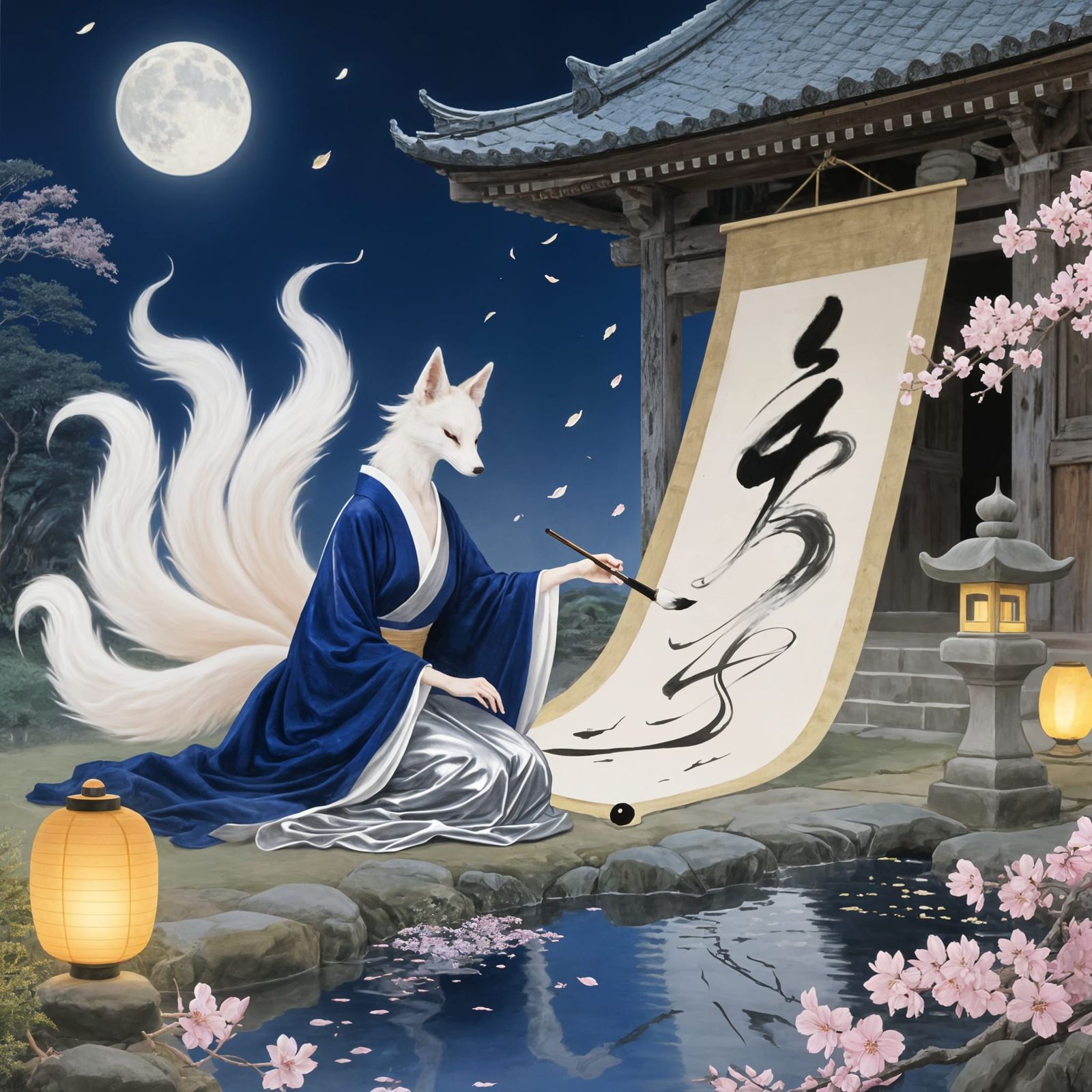 Elegant Nine-Tailed Kitsune in Temple Garden