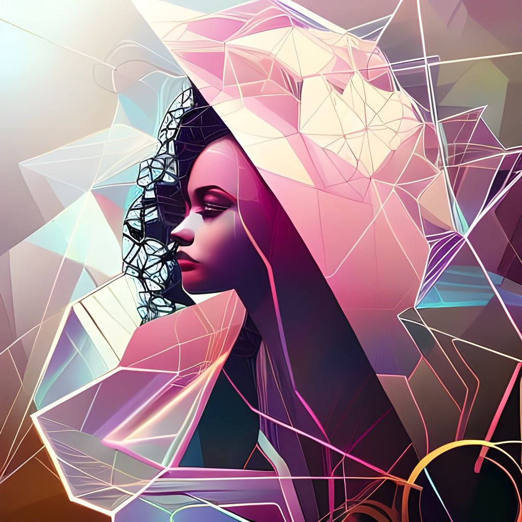 Geometric Woman with Fractal Art and Flowers